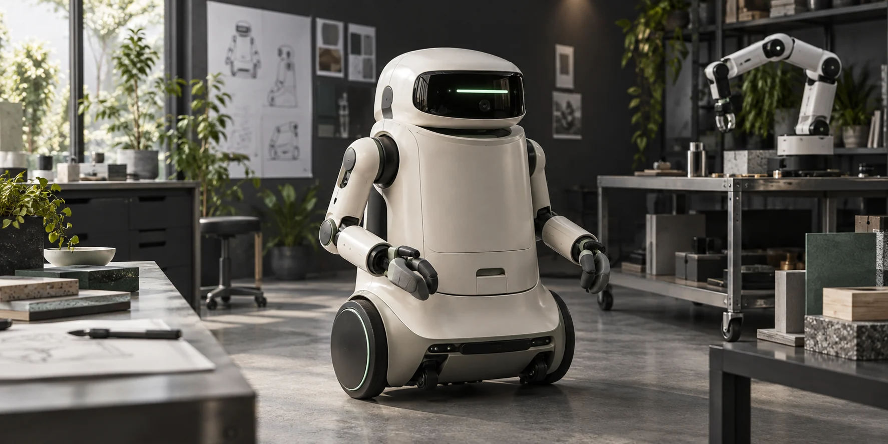 Home-assistance robot concept with an ivory body, articulated arms and a green status light in a design studio