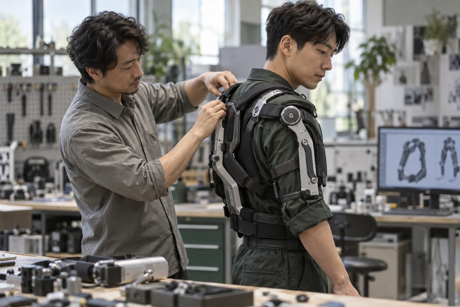Concept visualization of a designer reviewing the fit of a shoulder-assist exoskeleton with an adult workshop operator